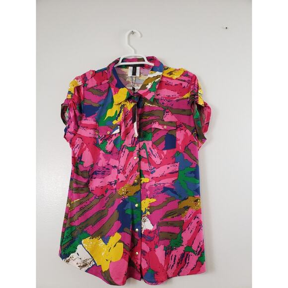 (F5) BCBG MAXAZRIA Blouse Womens Top Size L Snap Front Pockets Multicolor - Picture 1 of 8